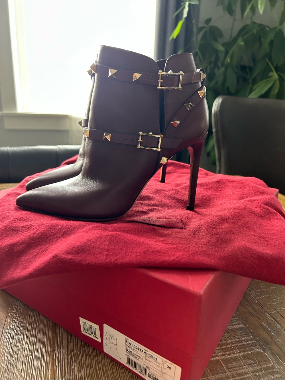 Valentino Garavani Burgundy Leather Pointed-Toe Studded Ankle Boots